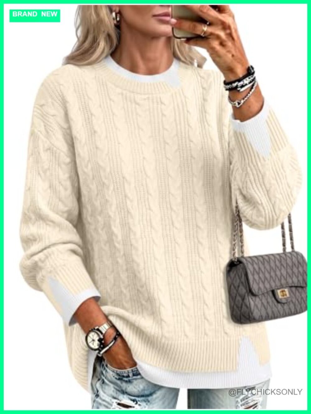Women's Oversized Cable Knit Pullover Sweater Crew Neck Long Sleeve